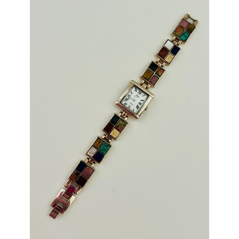 VTG Aria Ladies Sterling Watch with Multi Gemstone Band Stainless Back SMALL